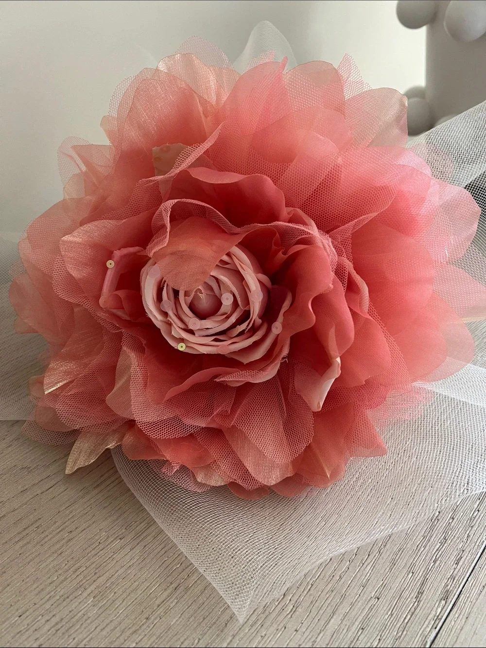 Whittall & Shon Coral fascinator Floral Tulle Headpiece posy